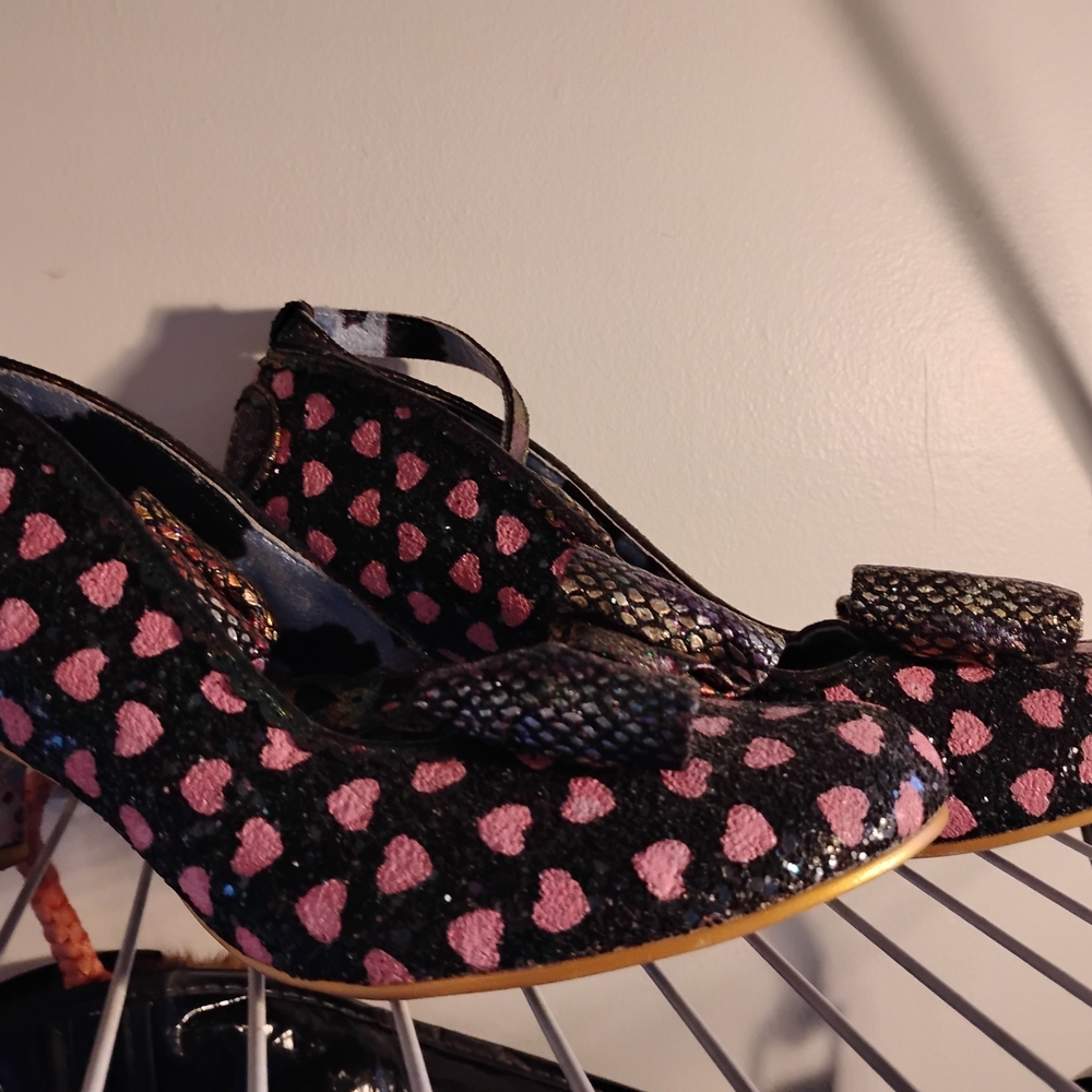 Irregular Choice Black Heels with Pink Heart Design